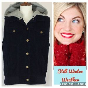 CORDUROY Vest removable HOOD snap up sz Large